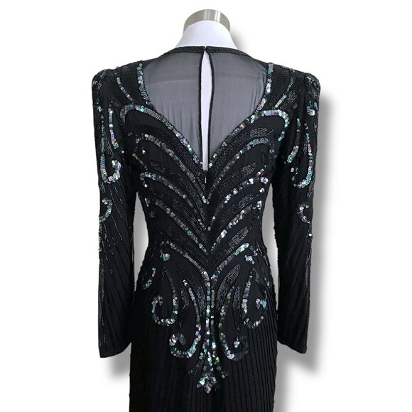 Vintage 1980s AJ Bari Womens Cocktail Dress Sz Small Black Silk Beaded Sequins - Picture 12 of 16